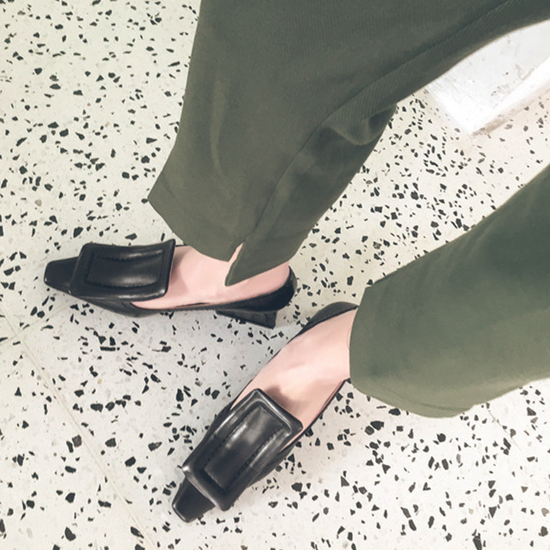 ♀ 本革/Square Parts Chunky Heel Pumps