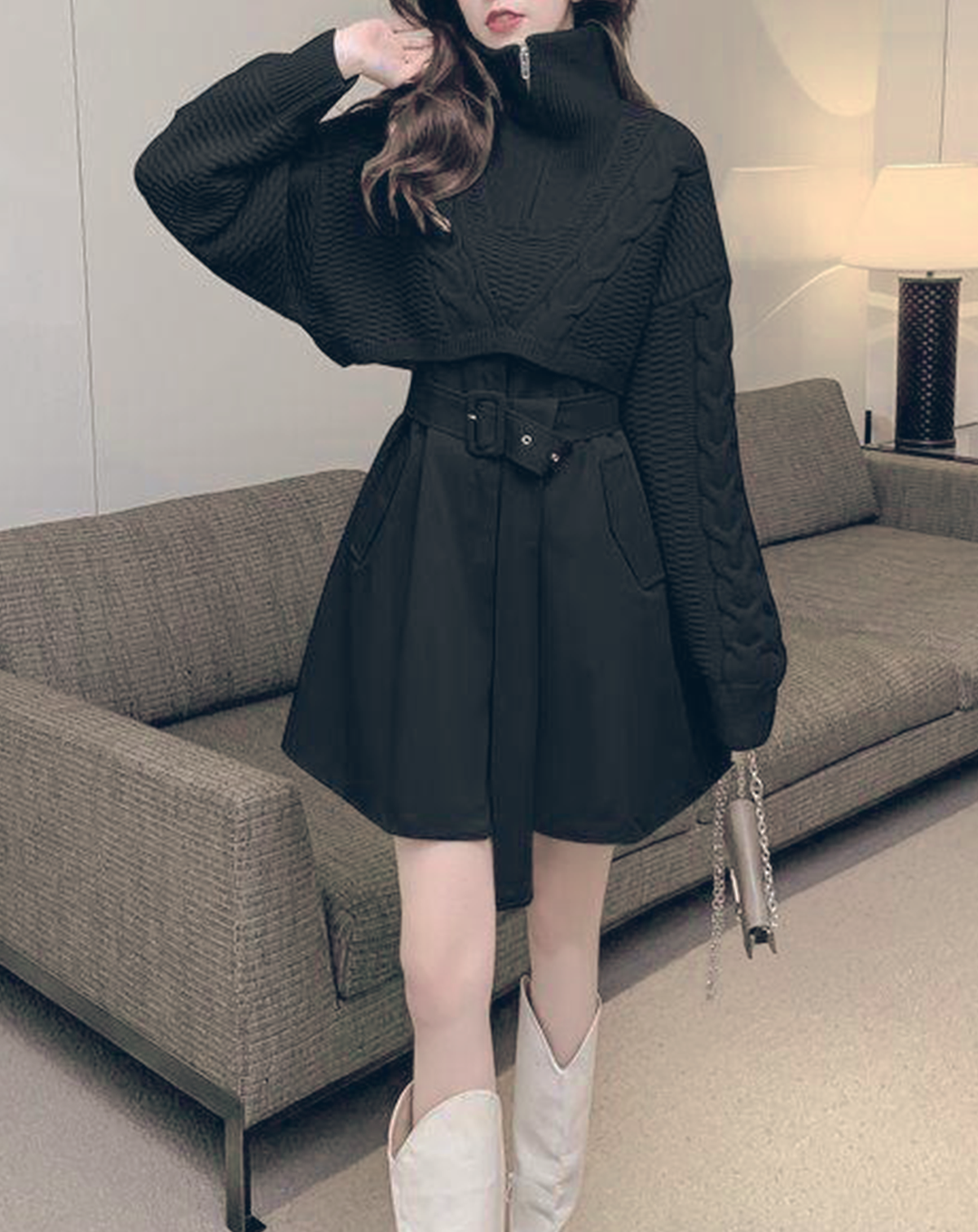 ♀Half Zip Short Knit & Sleeveless Belt Dress