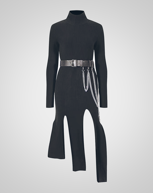 ♀Irregular Hem Chain Belt Knit Dress