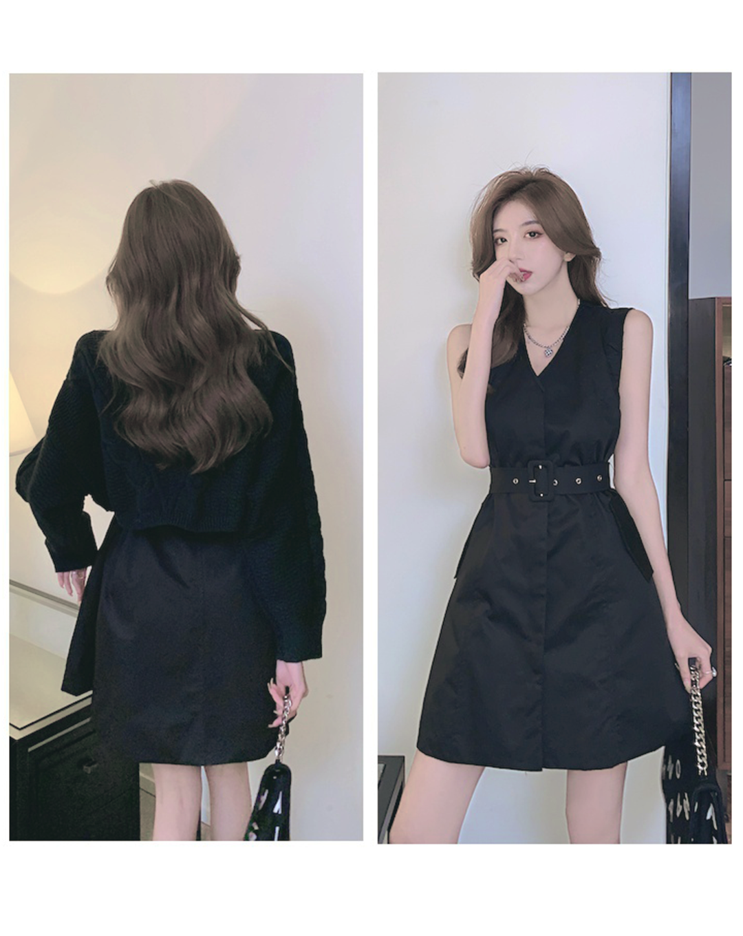 ♀Half Zip Short Knit & Sleeveless Belt Dress