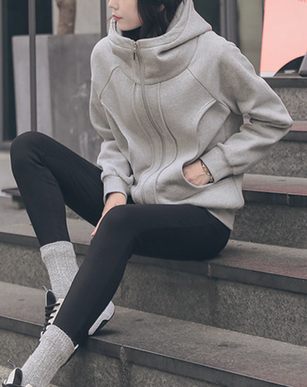 ♀Design Pocket High Neck Hoodie