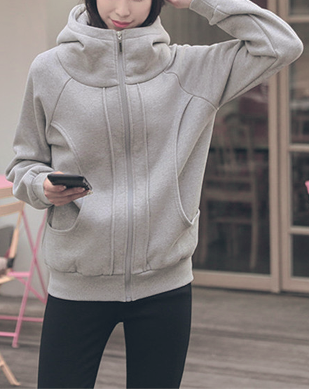 ♀Design Pocket High Neck Hoodie
