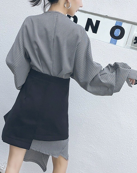♀Handkerchief Hem Plaid Shirt & Wrap Skirt
