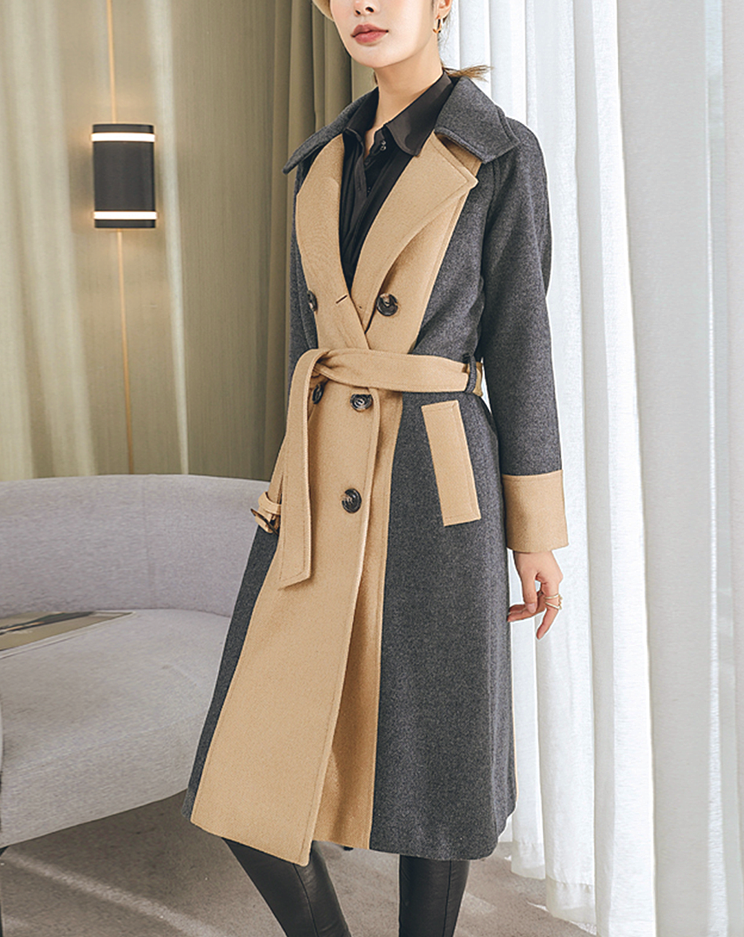 ♀Bicolor Double Breasted Wool Coat