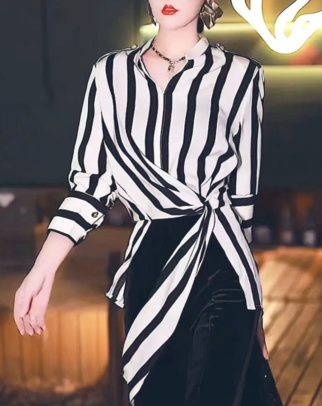 ♀Side Long Hem Striped Shirt
