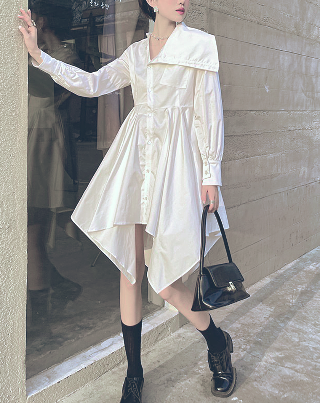 ♀Asymmetric Collar Handkerchief Hem Shirt