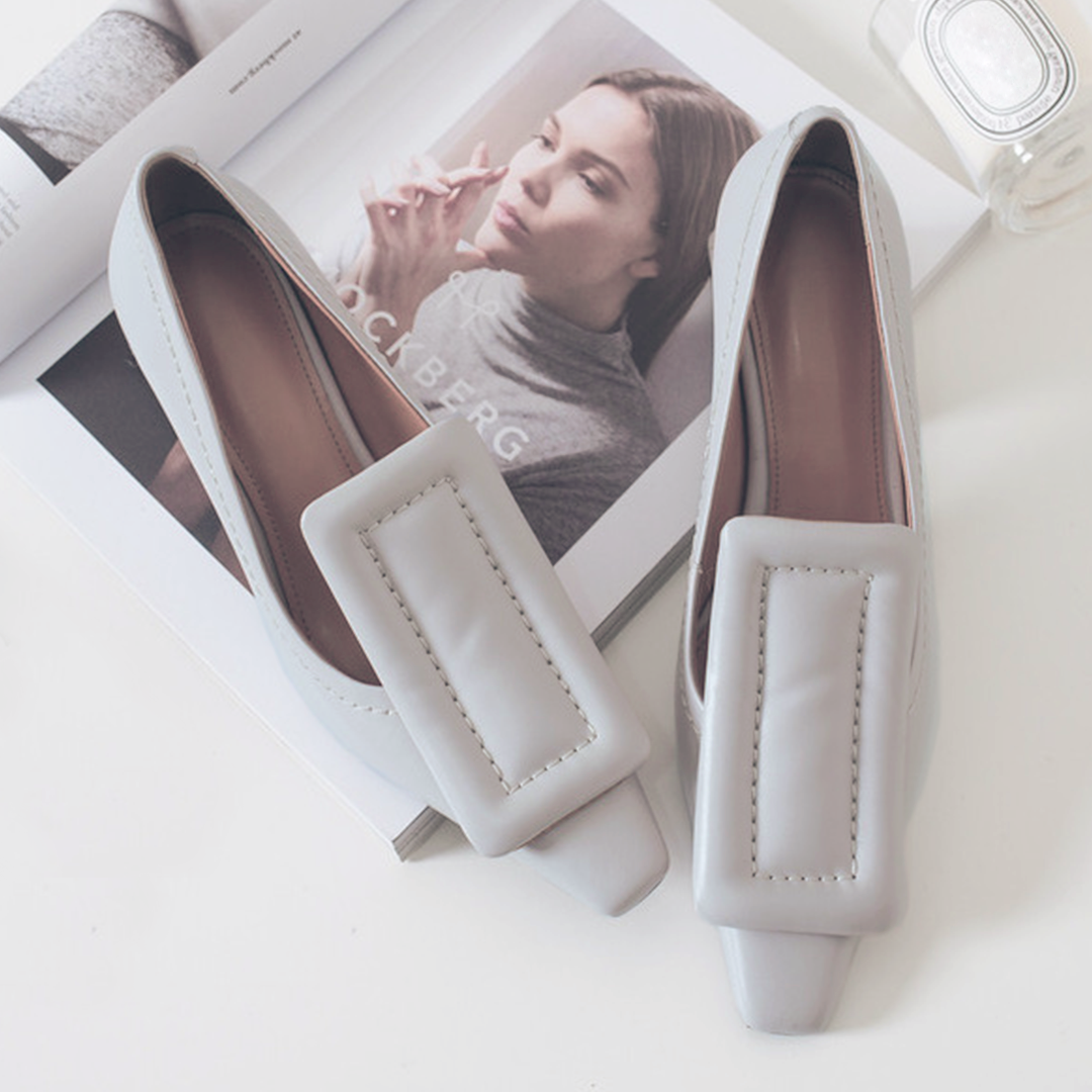 ♀ 本革/Square Parts Chunky Heel Pumps