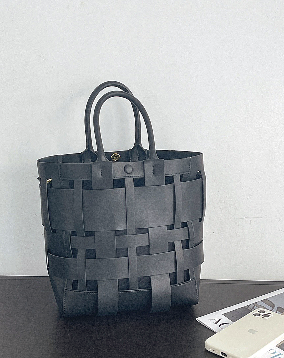 mesh leather tote bag