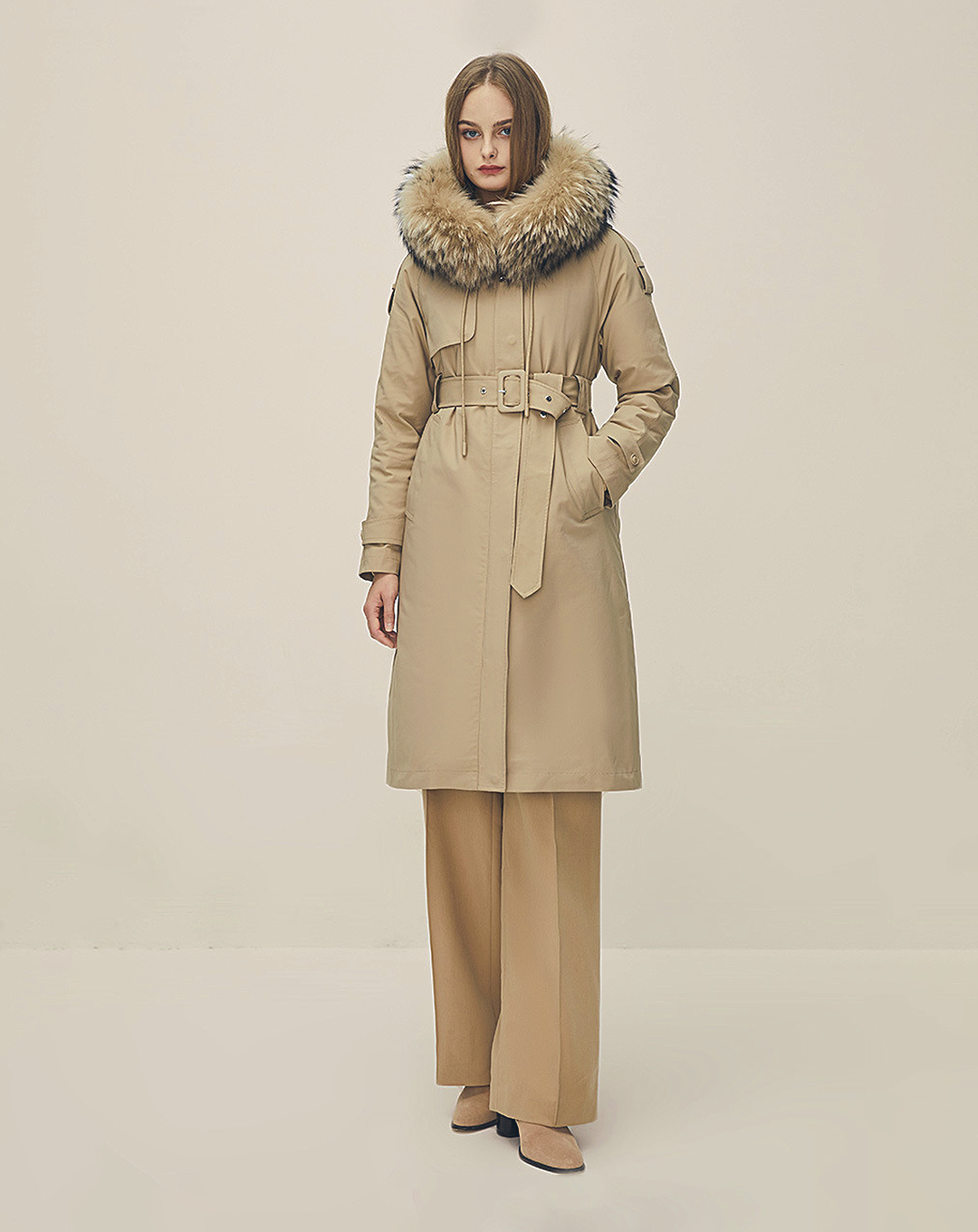 ♀Fur Hooded Trench Coat