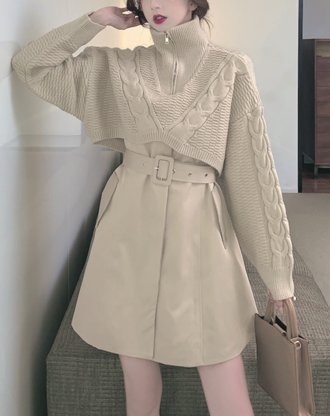 ♀Half Zip Short Knit & Sleeveless Belt Dress