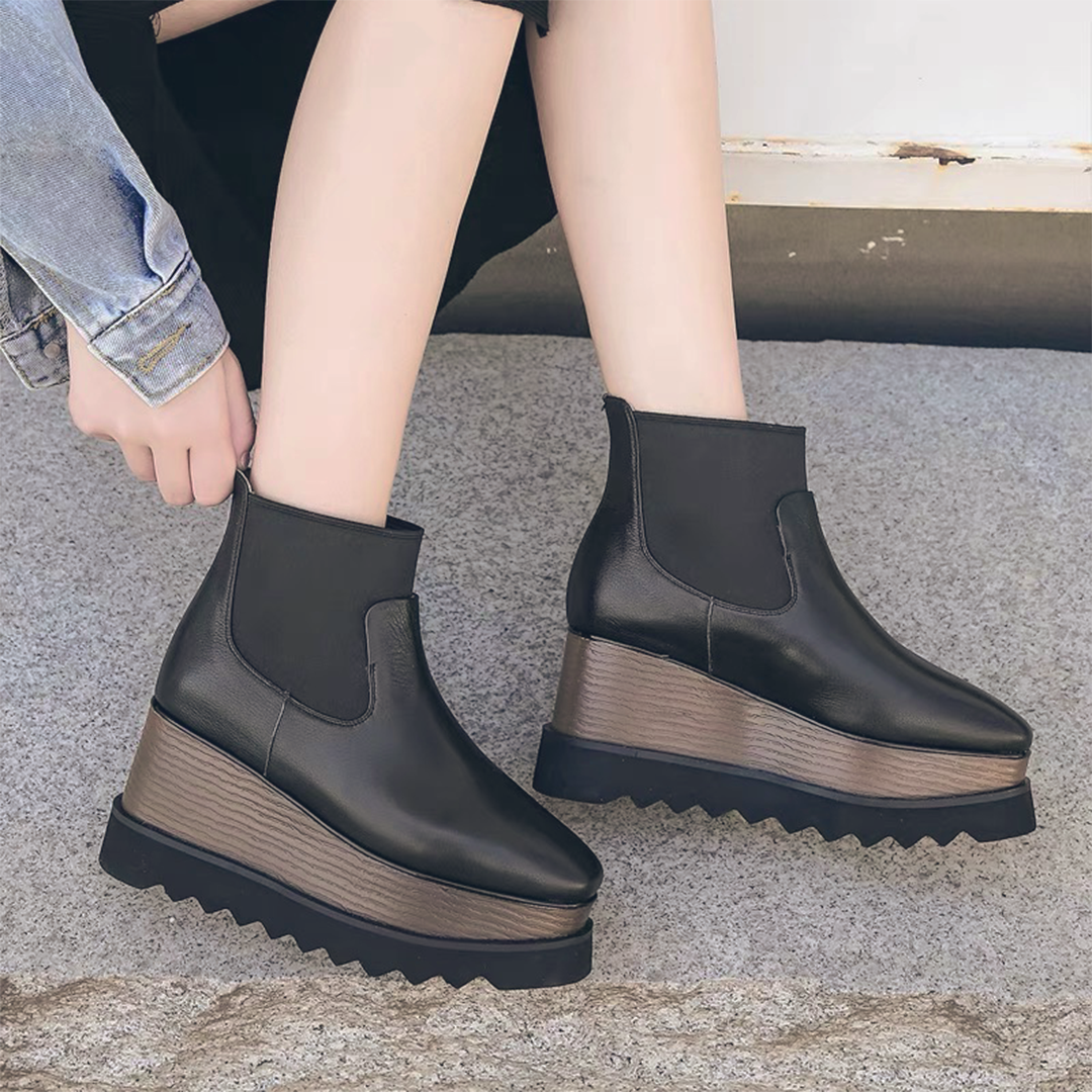 ♀ 本革/Platform Sole Side Gore Leather Boots