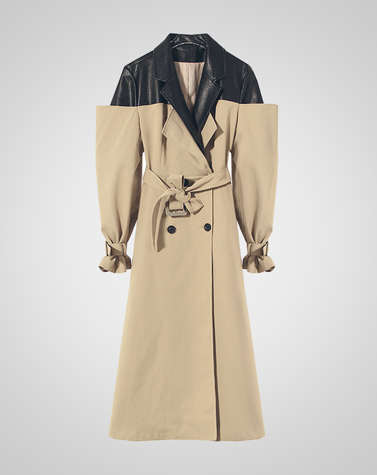 ♀Leather Jacket Switching Trench Coat