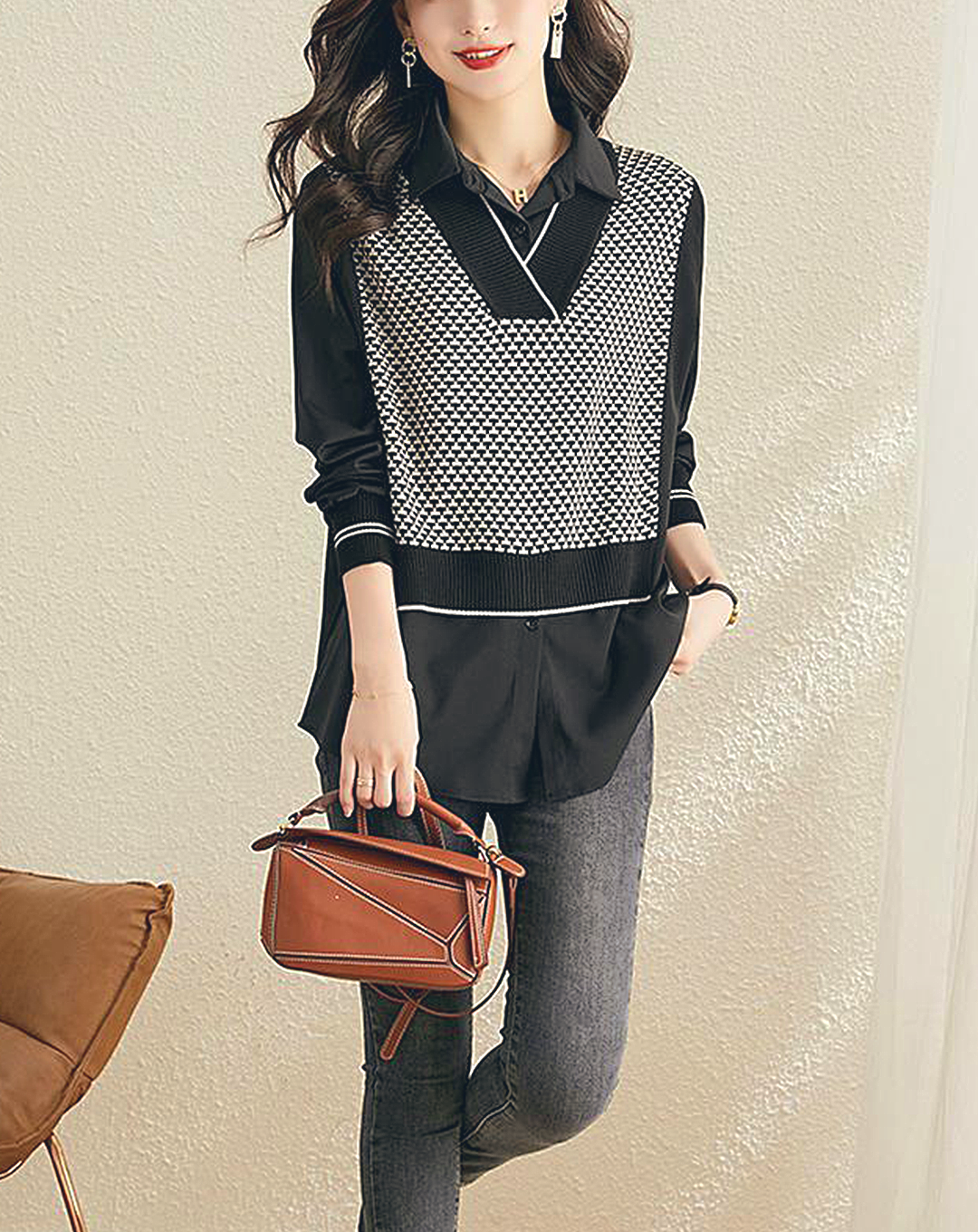 ♀Patterned Vest Docking Shirt