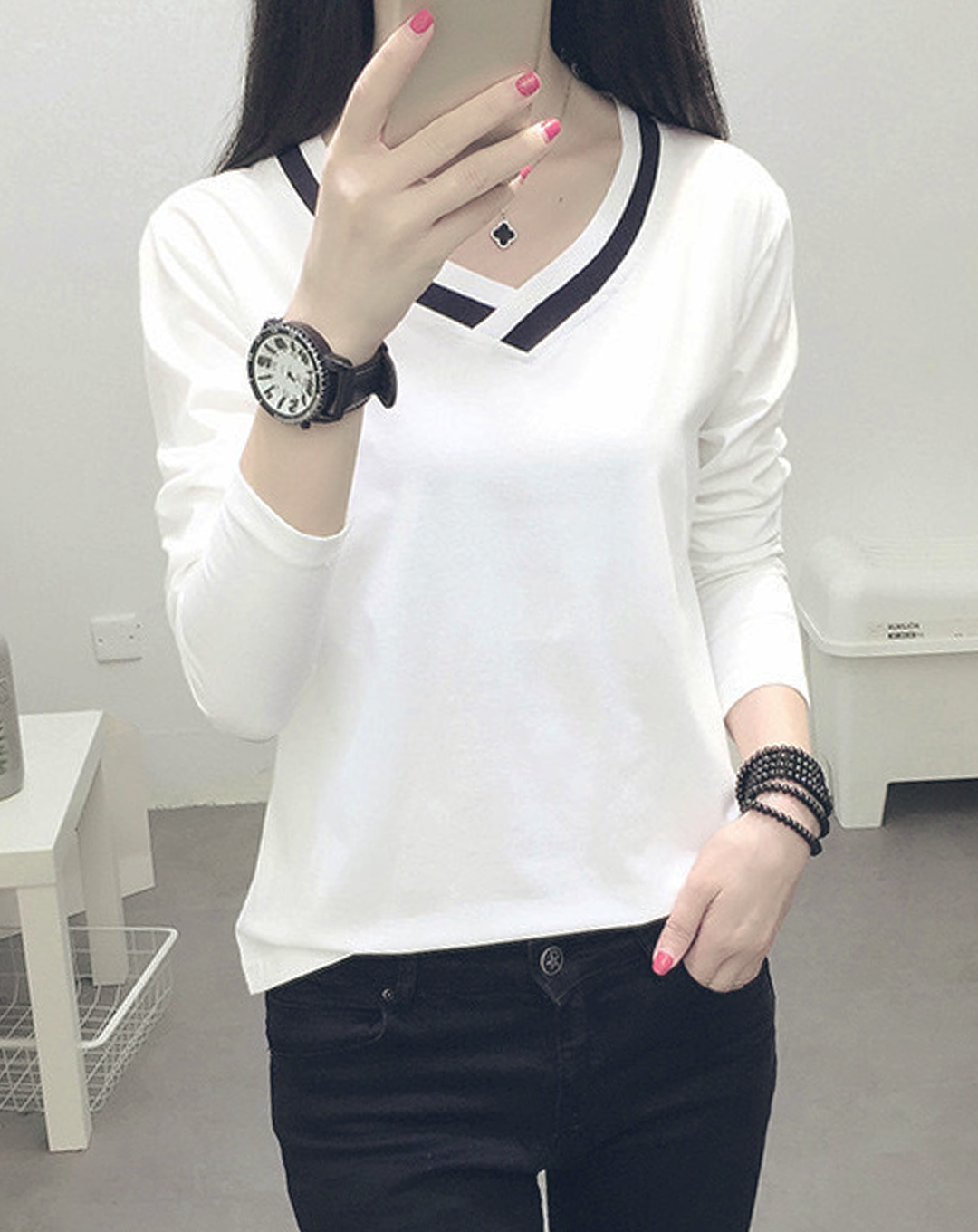 ♀Ribline V-neck Shirt