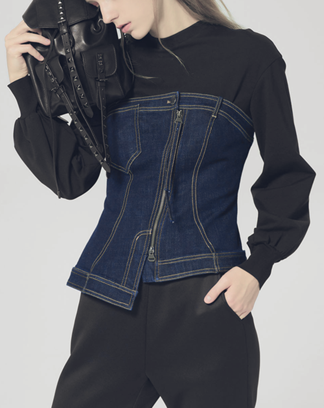 ♀Denim Zip Design Pullover