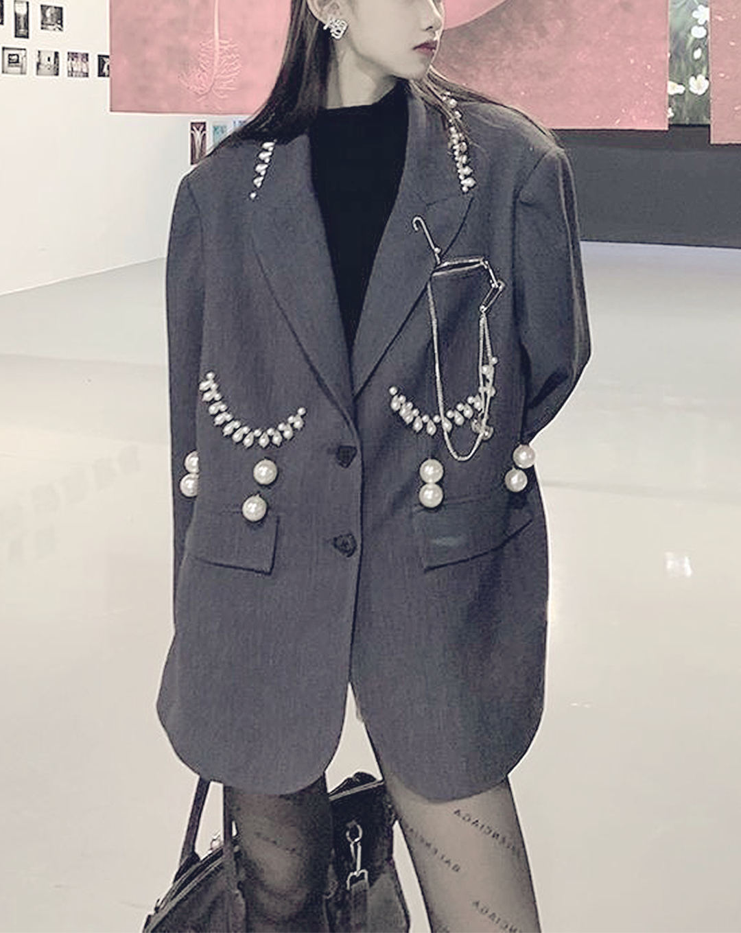 ♀Pearl Decoration Gray Jacket