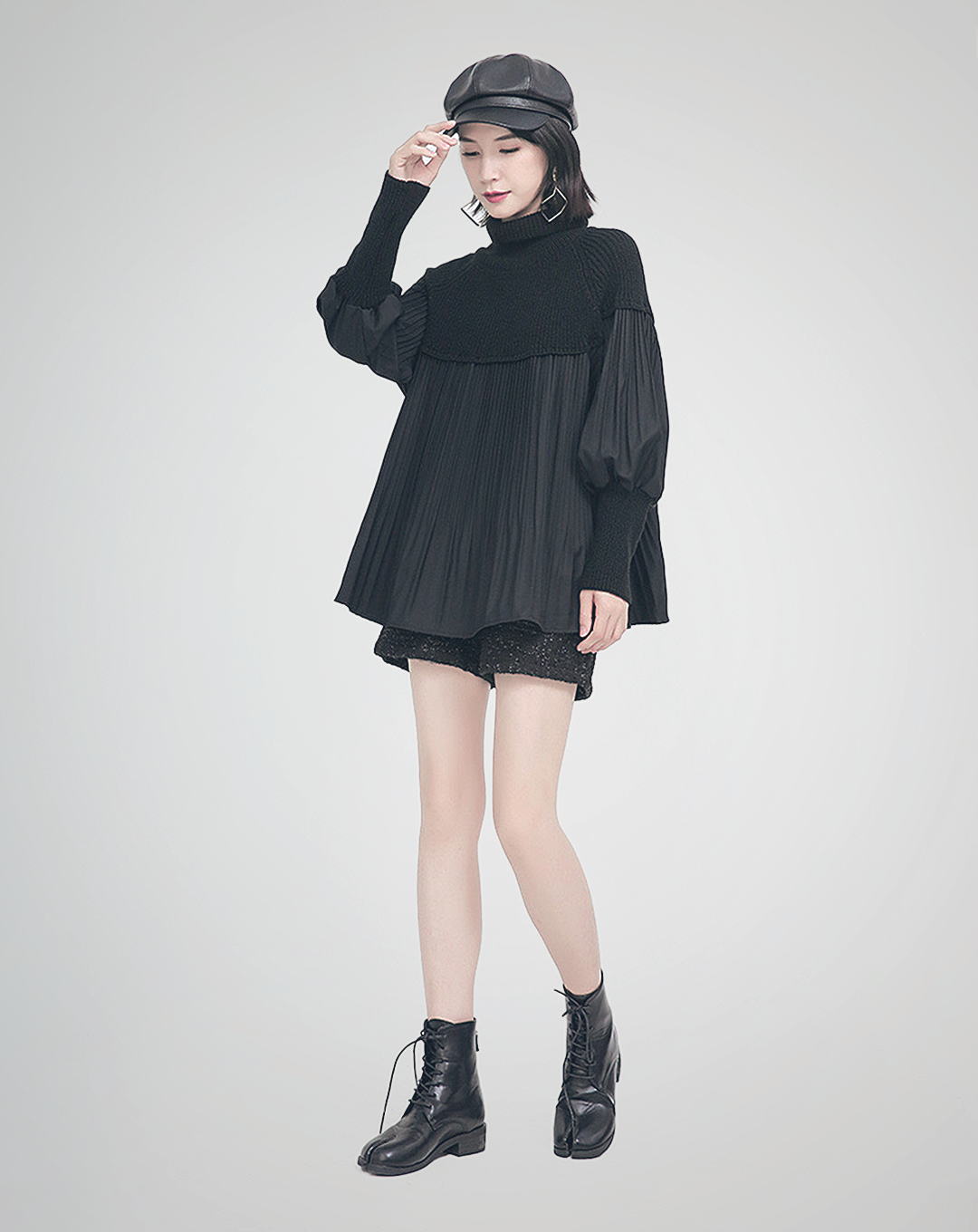 ♀Pleated Design Puff Sleeve High Neck Tops