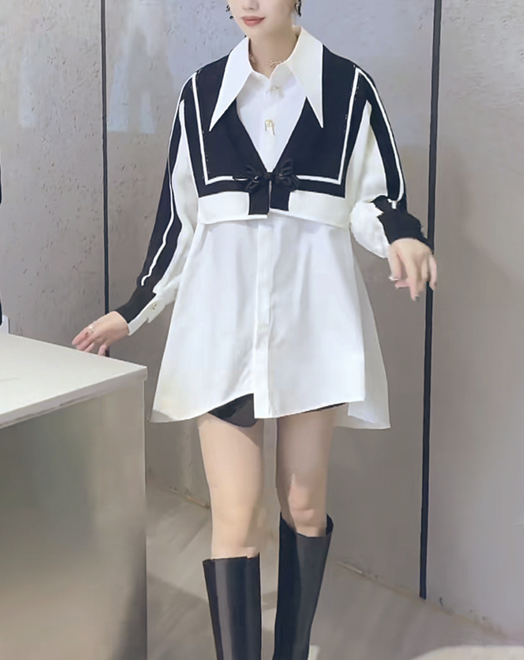 ♀Front Ribbon Bustier Docking Shirt