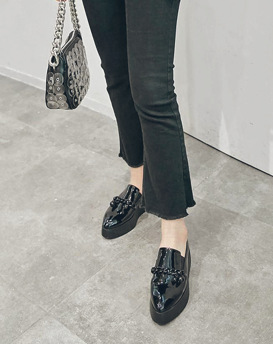 ♀ 本革/Black Chain Platform Leather Shoes