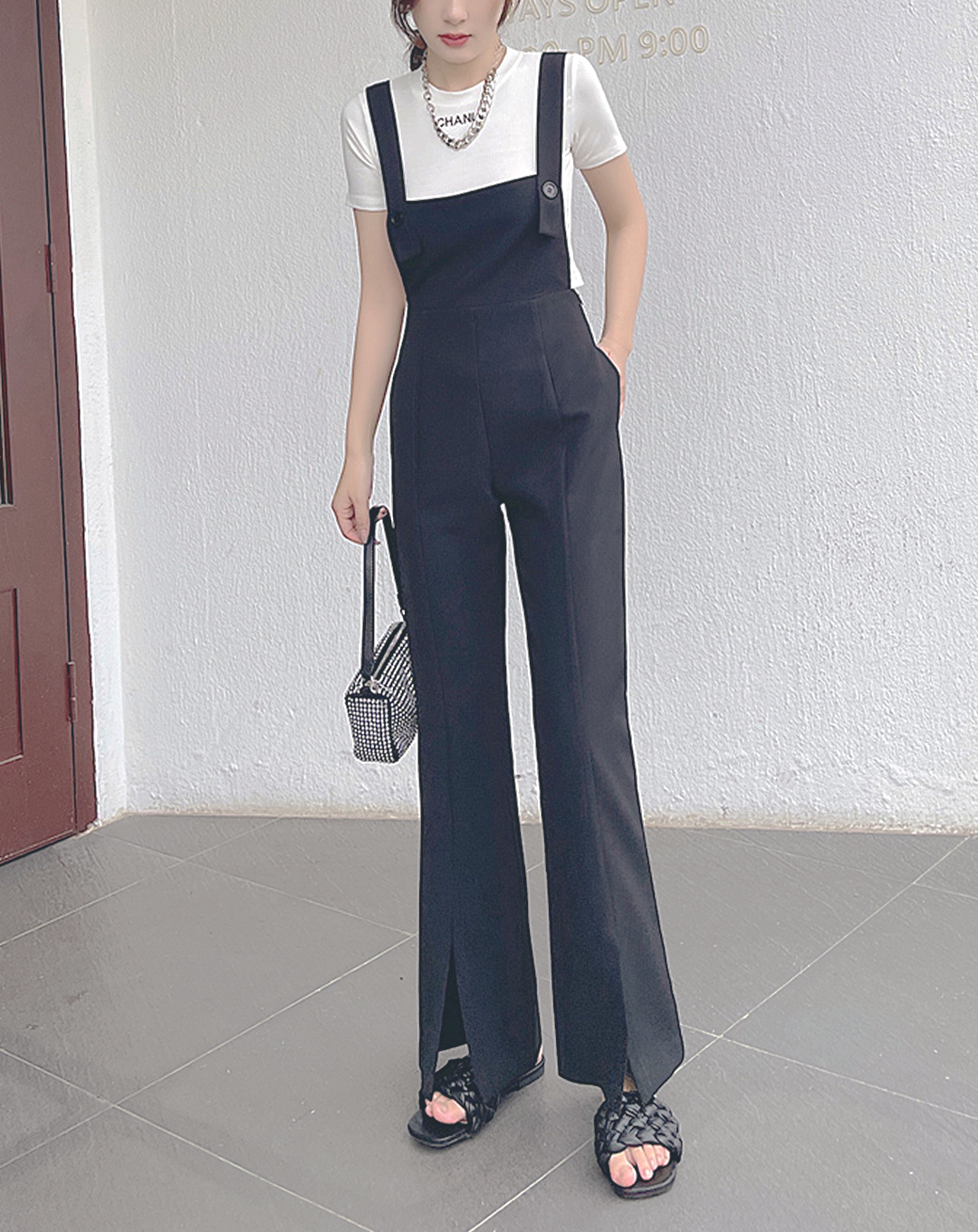 ♀Flare Cut Slit Hem Overalls