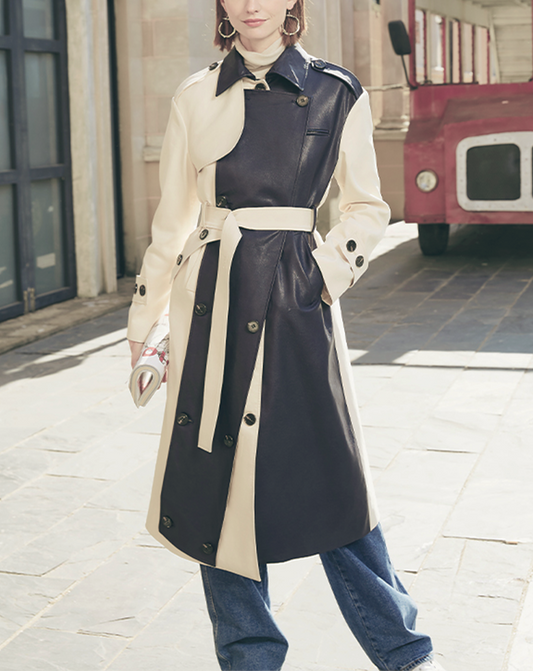 ♀Black Leather Design Trench Coat