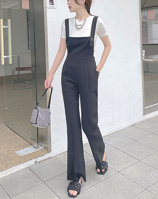♀Flare Cut Slit Hem Overalls