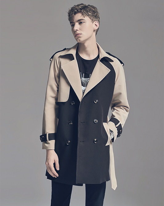 ♂Contrast Color Double Breasted Trench Coat