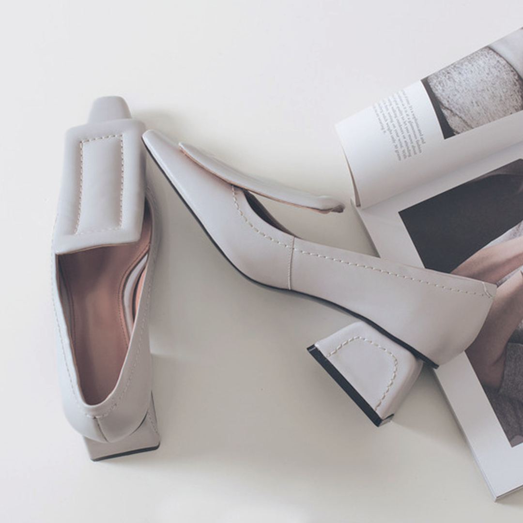 ♀ 本革/Square Parts Chunky Heel Pumps