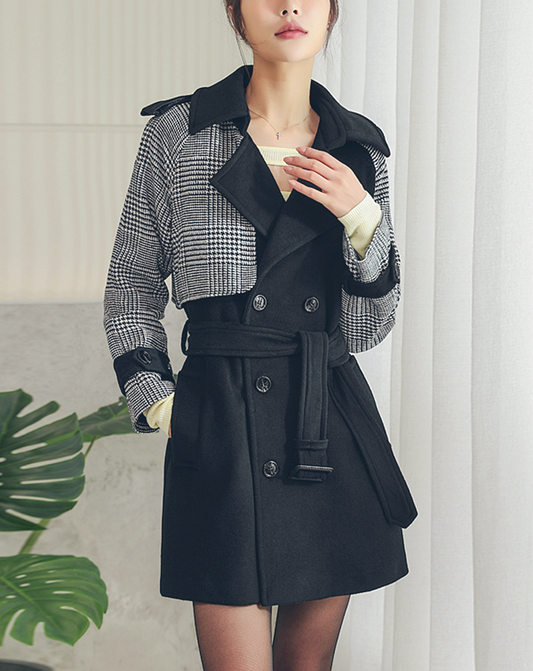 ♀Houndstooth Wool Middle Coat