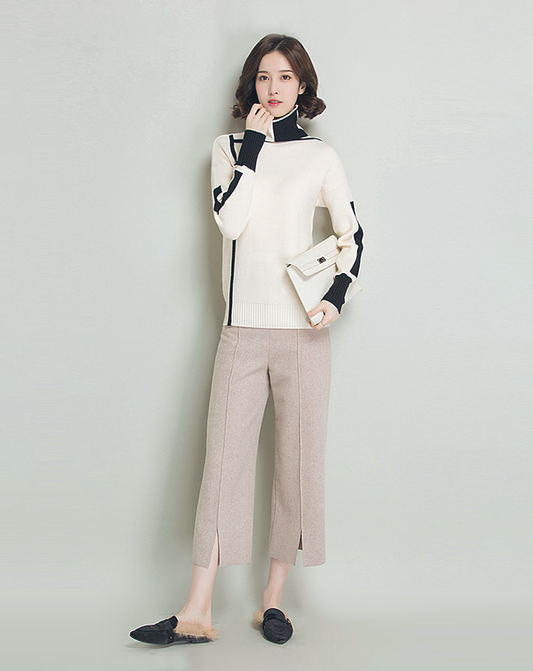 ♀Bicolor Contrast High Neck Knit