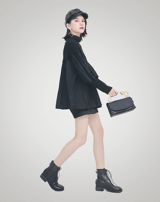 ♀Pleated Design Puff Sleeve High Neck Tops