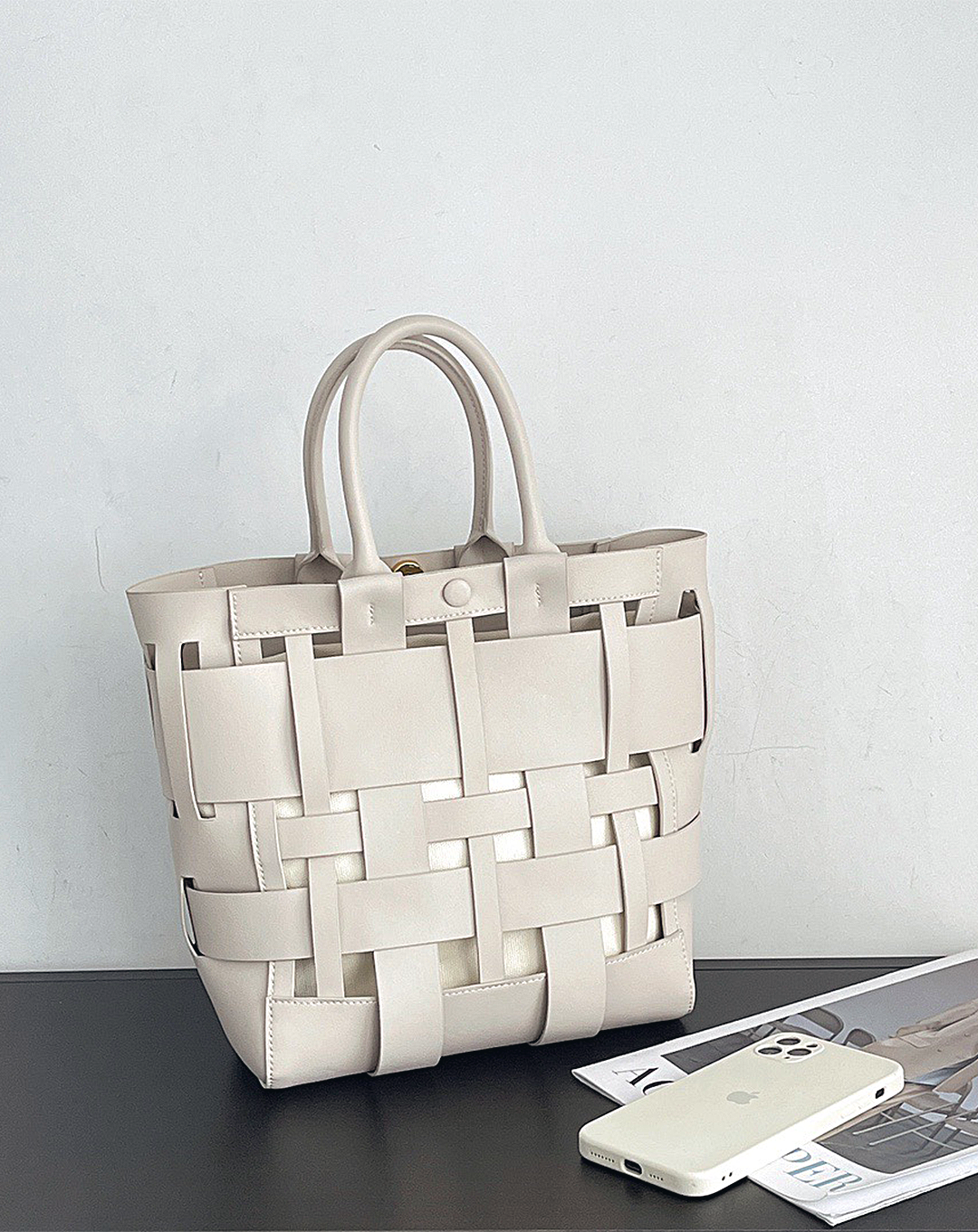 本革/Leather wide Mesh Tote Bag