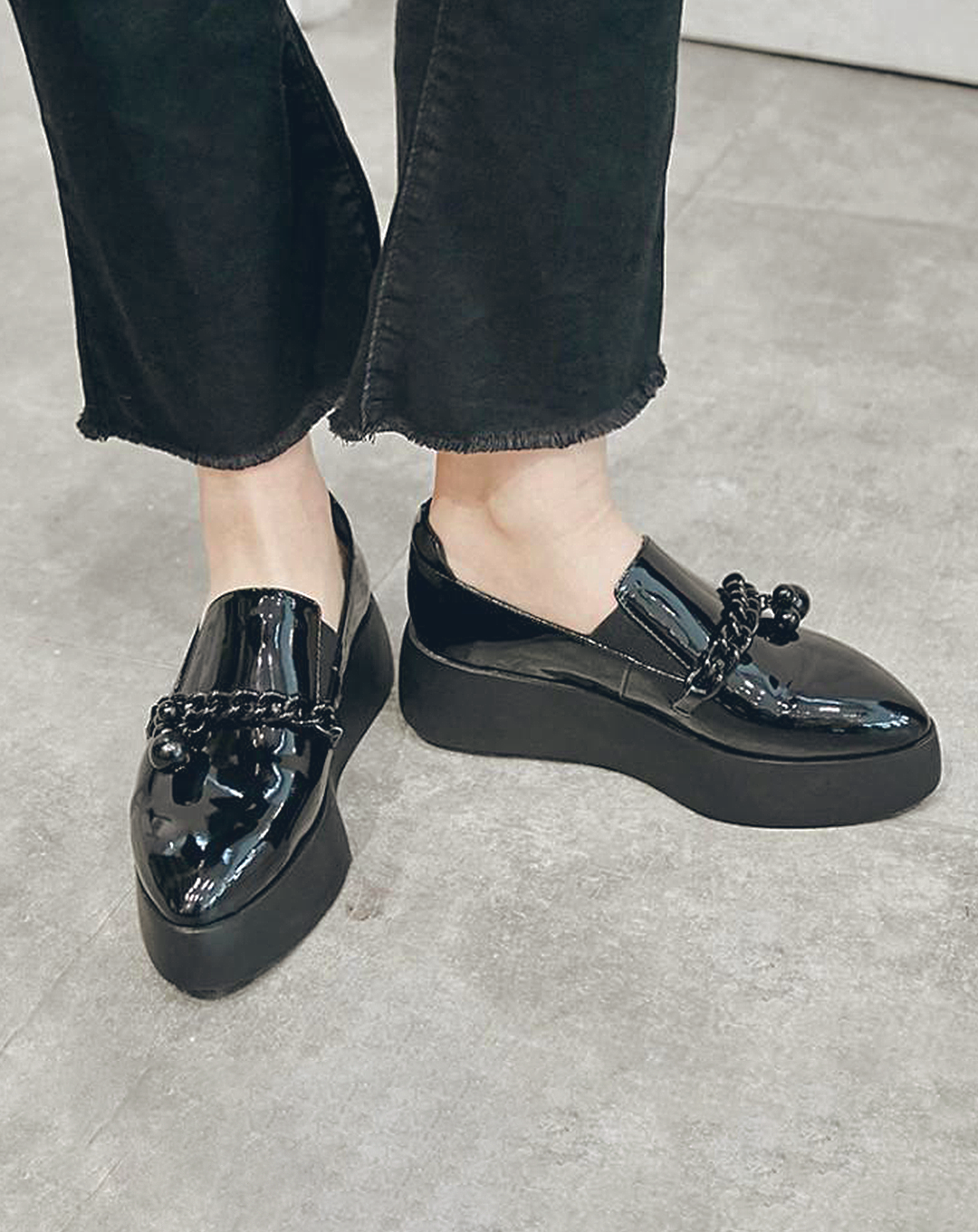 ♀ 本革/Black Chain Platform Leather Shoes