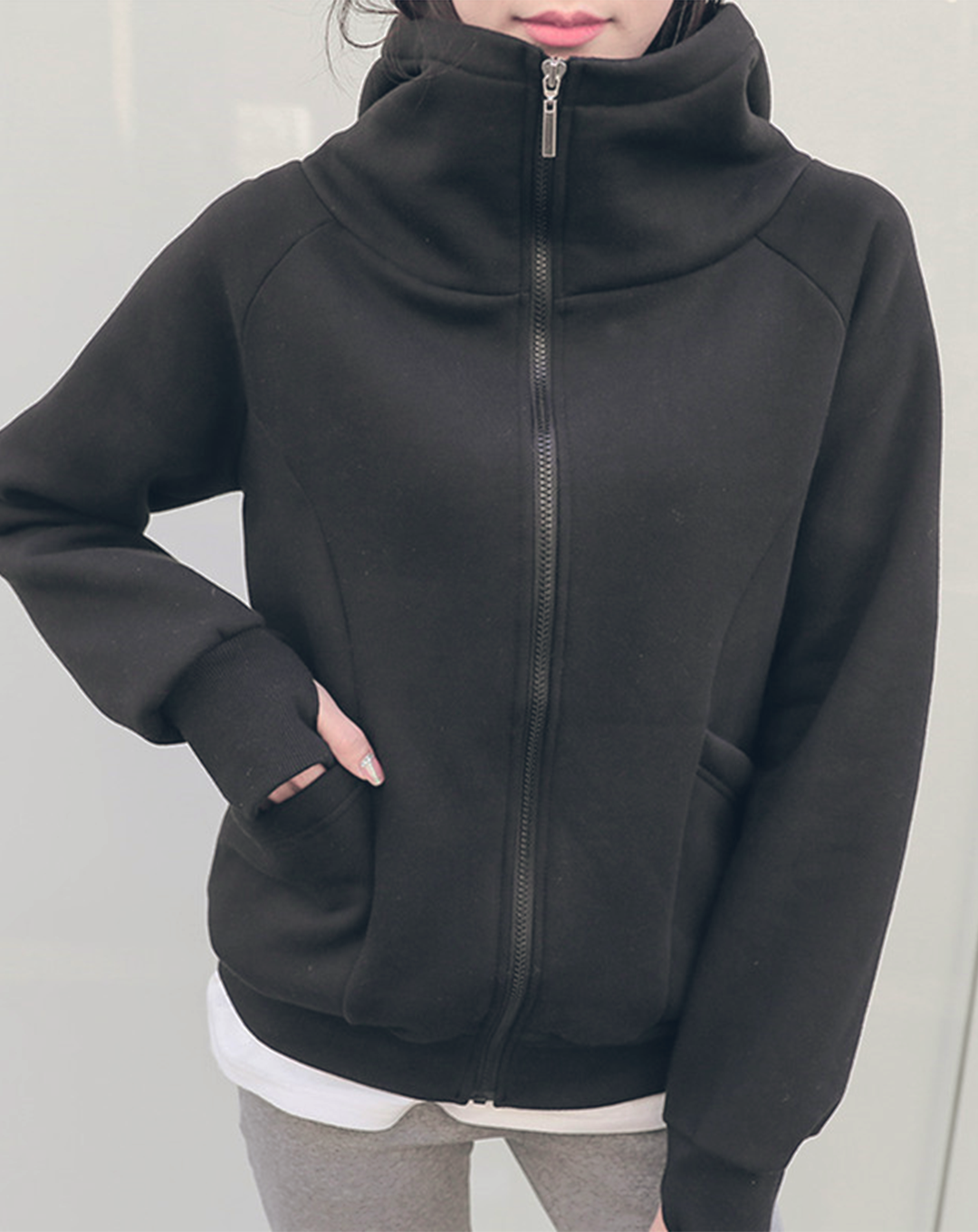 ♀Design Pocket High Neck Hoodie