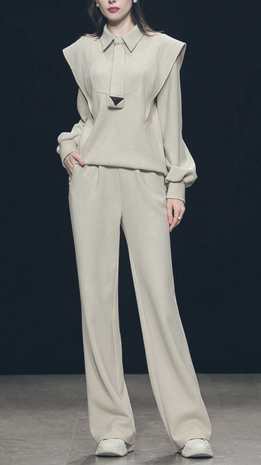 ♀Waffle Long Sleeve Shirt & Wide Pants