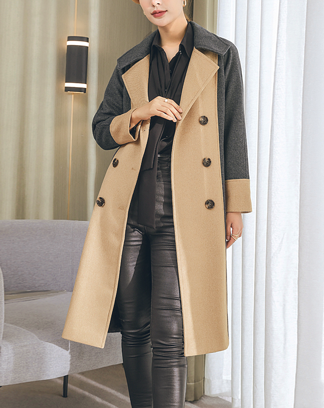 ♀Bicolor Double Breasted Wool Coat