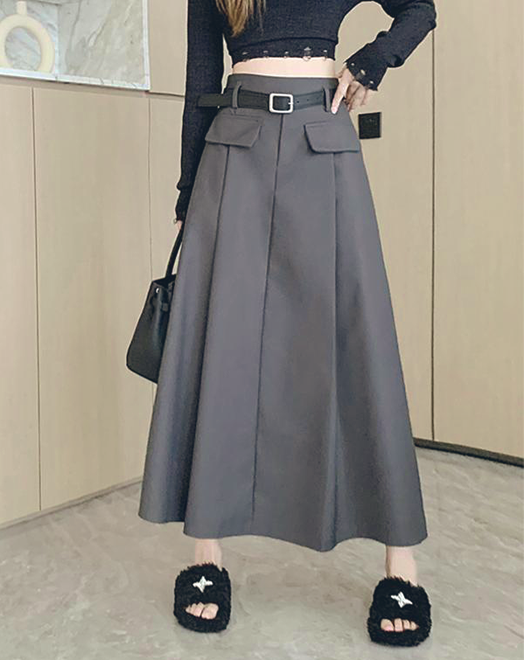 ♀Double Pocket Pleated Long Skirt