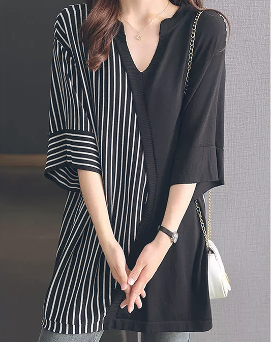 ♀Striped Switching V-neck Shirt