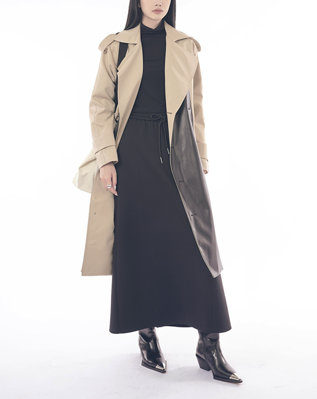 ♀Bicolor Double Breasted Leather Trench Coat