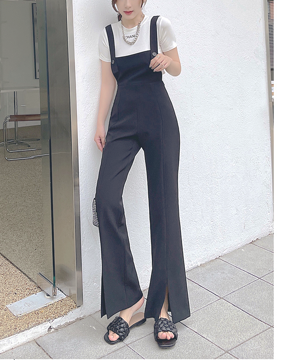 ♀Flare Cut Slit Hem Overalls