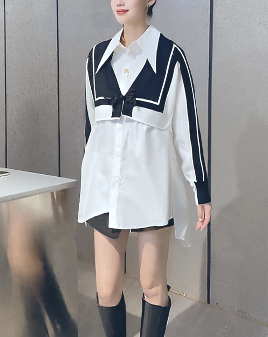 ♀Front Ribbon Bustier Docking Shirt