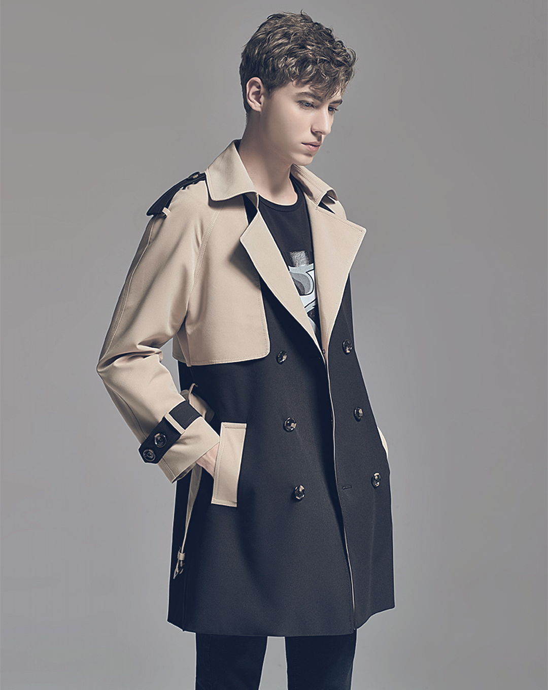 ♂Contrast Color Double Breasted Trench Coat