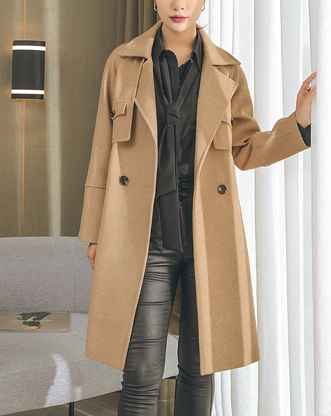 ♀Double Pocket Wool Trench Coat