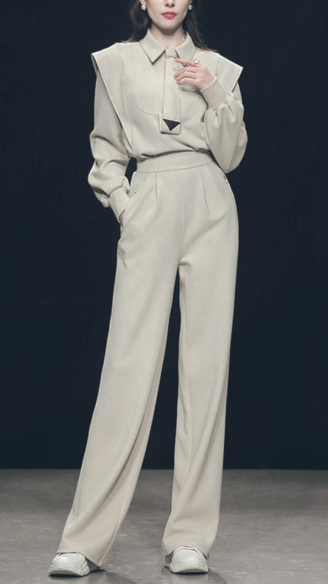 ♀Waffle Long Sleeve Shirt & Wide Pants