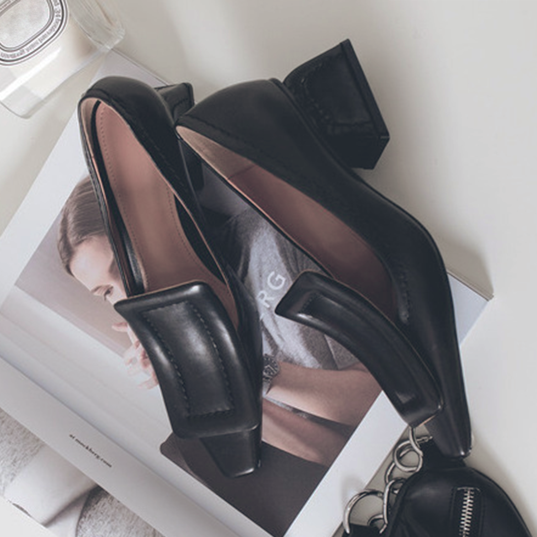 ♀ 本革/Square Parts Chunky Heel Pumps