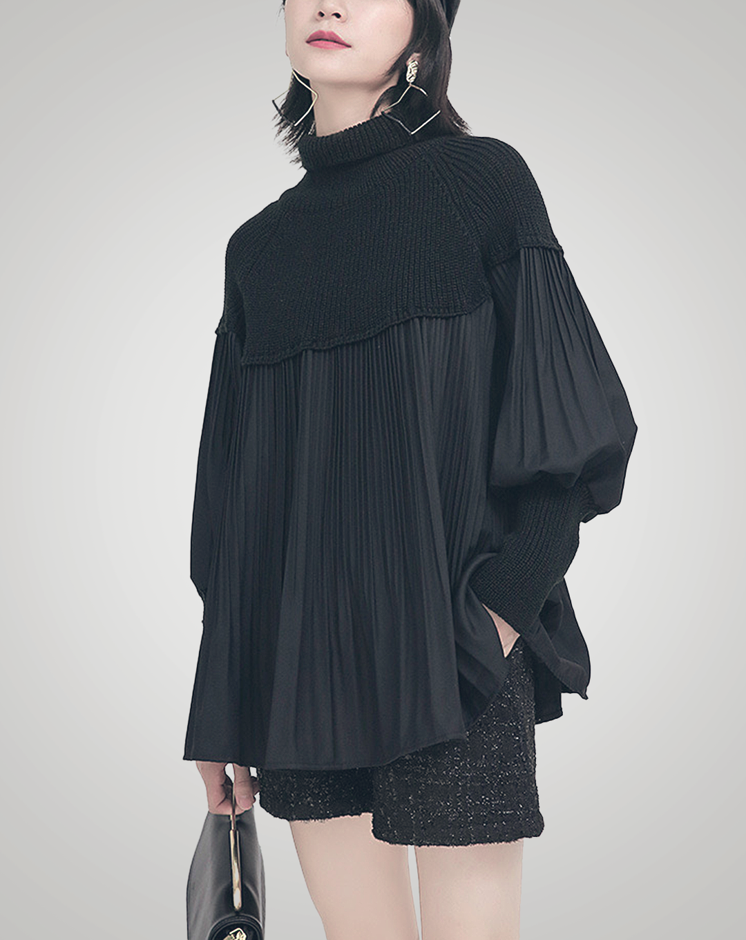 ♀Pleated Design Puff Sleeve High Neck Tops