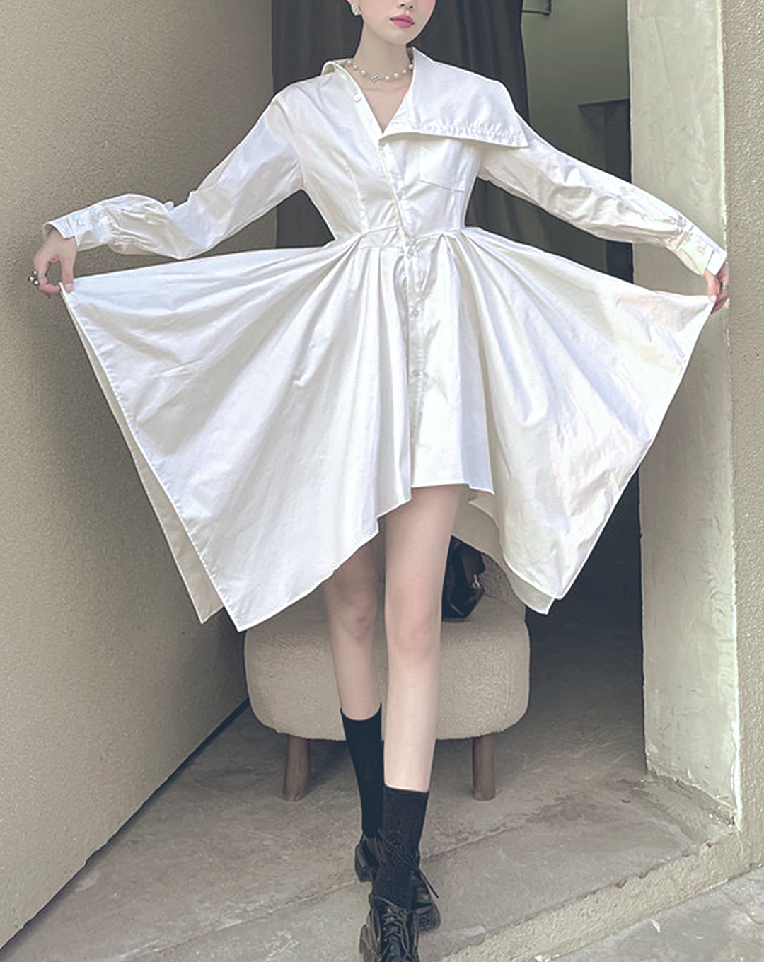 ♀Asymmetric Collar Handkerchief Hem Shirt