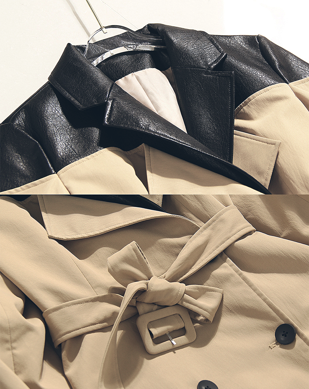 ♀Leather Jacket Switching Trench Coat