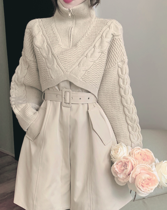 ♀Half Zip Short Knit & Sleeveless Belt Dress