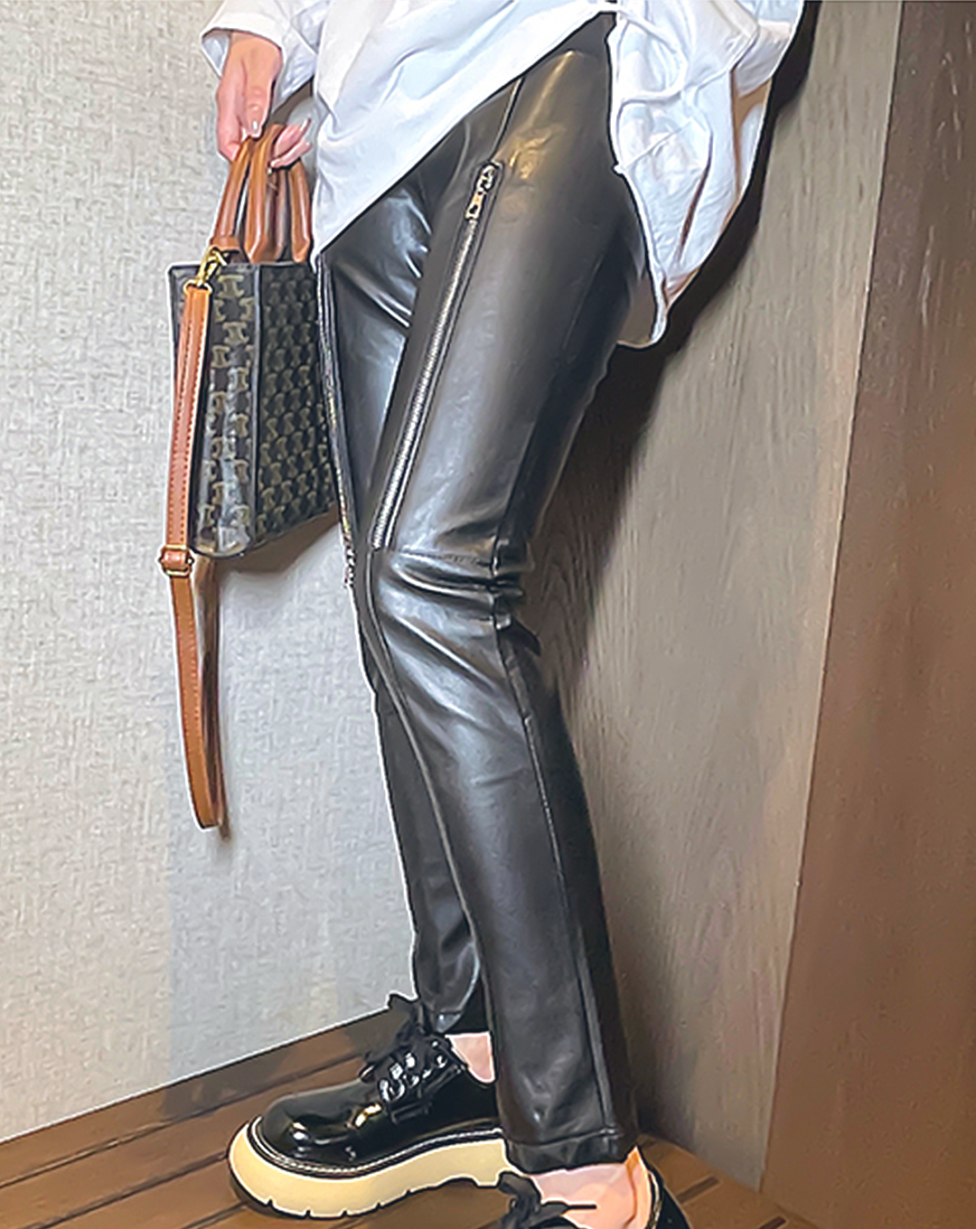 ♀Straight Long Zip Leather Pants